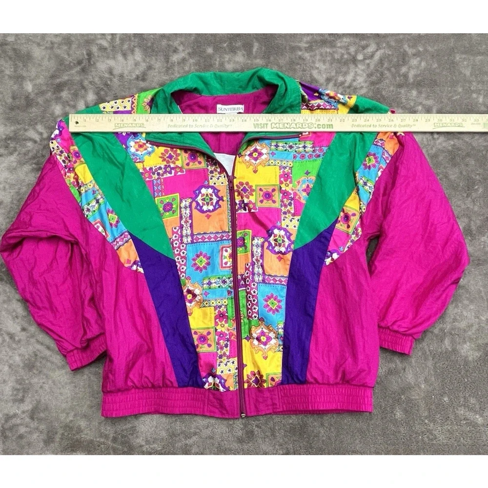 Vintage Windbreaker Jacket Women Large Nylon Loud Geometric Pattern Retro 80s 90
